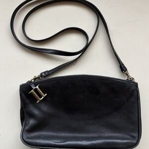 Anne Klein II Black Leather Crossbody Bag Gold Hardware Vintage Minimalist Small